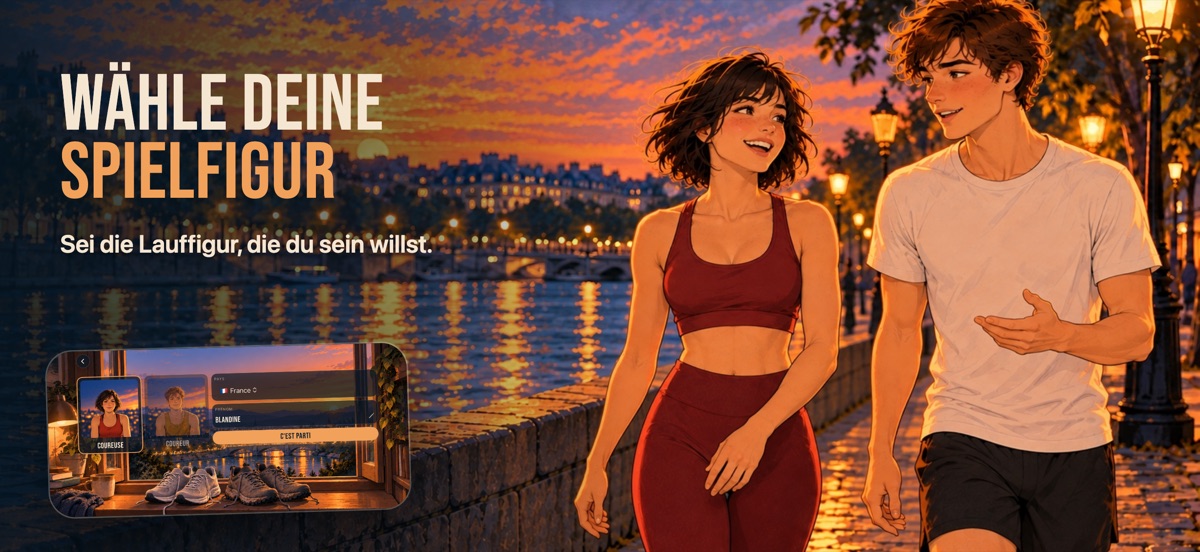 „Wähle deine Spielfigur“: die beiden Laufenden des Spiels gehen bei Sonnenuntergang am Flussufer entlang; eingeblendet der Auswahlbildschirm mit beiden Porträts, dem Land und dem Vornamen.