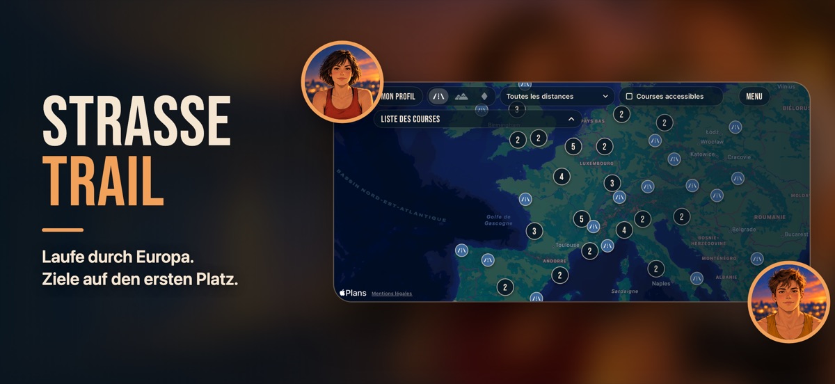 „Straße, Trail“: die Karte der Straßenläufe in Europa, mit den Porträts der beiden Laufenden.