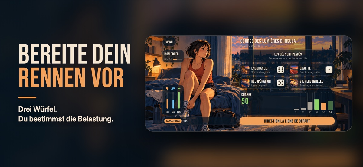 „Bereite dein Rennen vor“: der Vorbereitungsbildschirm, die Läuferin in ihrem Zimmer, die drei Würfel auf Ausdauer und Erholung, und die Belastung der Woche als Balken.