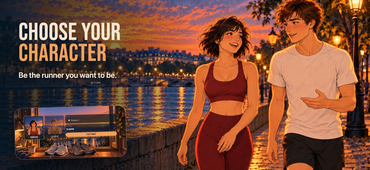 “Choose your character”: the game's two runners walk along the riverside at sunset; inset, the character screen with both portraits, the country and the first name.