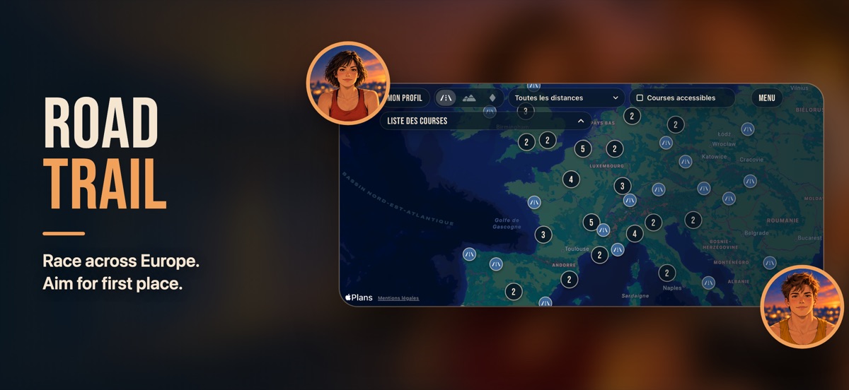 “Road, trail”: the map of road races across Europe, with portraits of both runners.