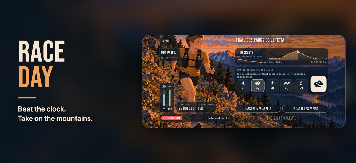 “Race day”: the runner on a mountain trail, the profile of the descent, the twenty-sided race die and two choices.