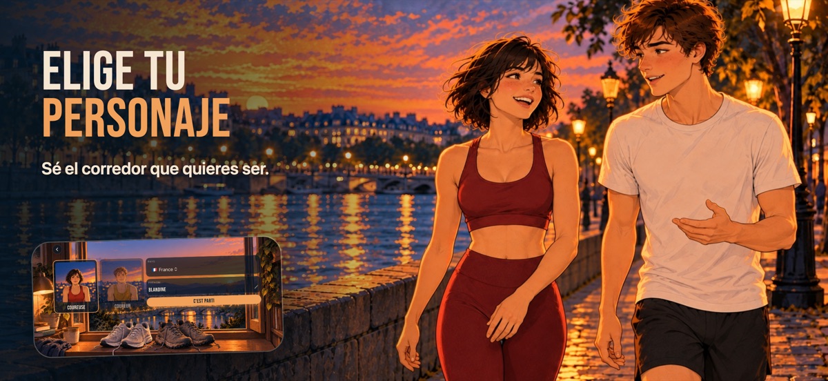 « Elige tu personaje »: los dos corredores del juego caminan junto al río al atardecer; en el recuadro, la pantalla de elección con los dos retratos, el país y el nombre.