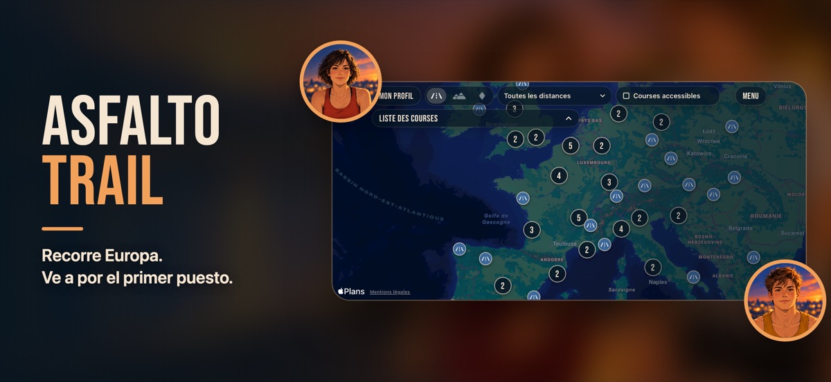 « Asfalto, trail »: el mapa de las carreras de asfalto por Europa, con los retratos de los dos corredores.