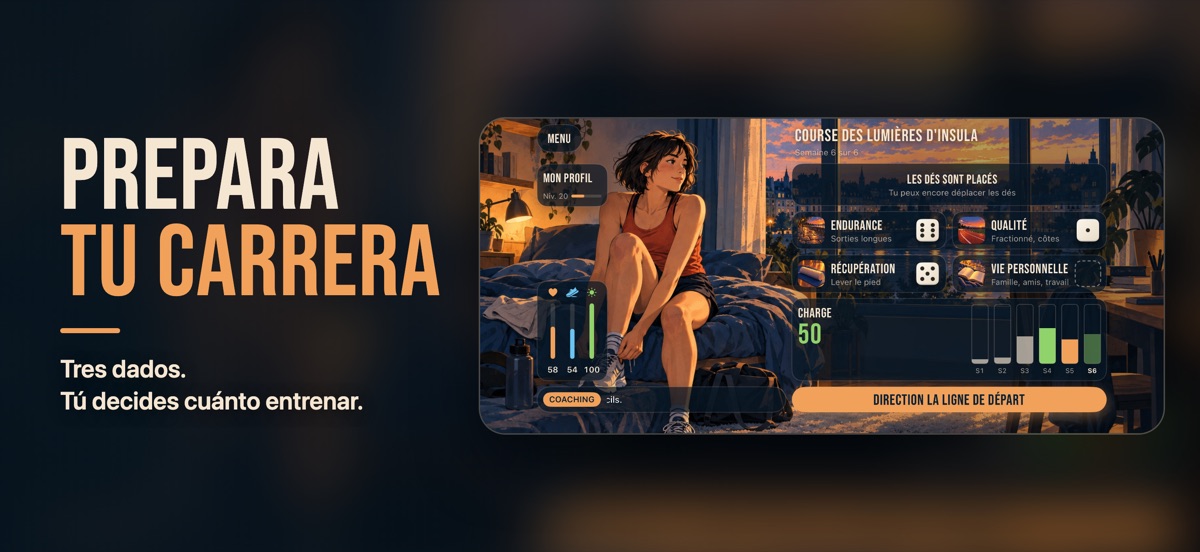 « Prepara tu carrera »: la pantalla de preparación, la corredora en su habitación, los tres dados en resistencia y recuperación, y la carga de la semana en barras.