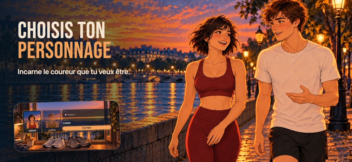 « Choisis ton personnage » : la coureuse et le coureur du jeu marchent sur les quais au coucher du soleil ; en incrustation, l'écran de choix avec les deux portraits, le pays et le prénom.