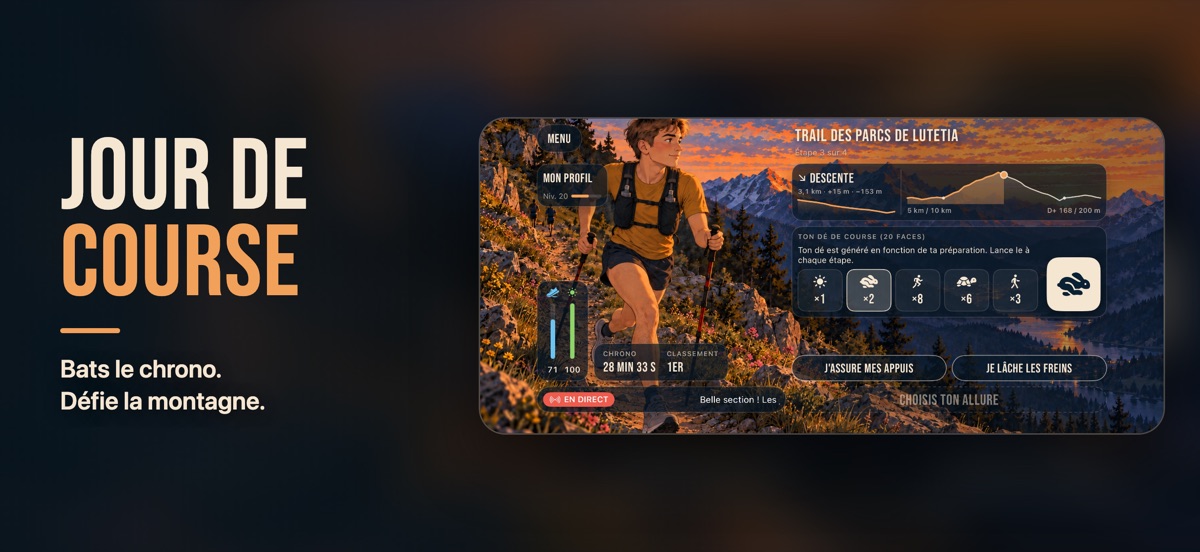 « Jour de course » : le coureur en plein trail en montagne, le profil de la descente, le dé de course à vingt faces et deux choix, « J'assure mes appuis » ou « Je lâche les freins ».