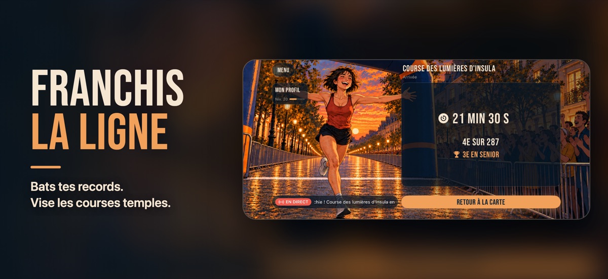 « Franchis la ligne » : la coureuse passe l'arche d'arrivée les bras ouverts ; 21 min 30 s, 4ᵉ sur 287, 3ᵉ en senior.