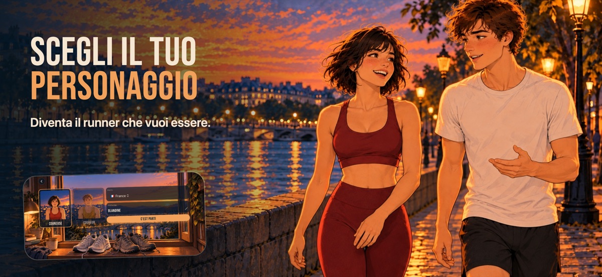 « Scegli il tuo personaggio »: i due runner del gioco camminano lungo il fiume al tramonto; nel riquadro, la schermata di scelta con i due ritratti, il paese e il nome.