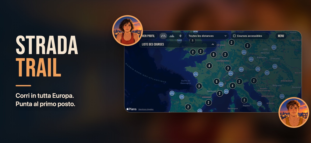 « Strada, trail »: la mappa delle gare su strada in Europa, con i ritratti dei due runner.