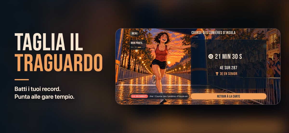 « Taglia il traguardo »: la runner passa sotto l'arco d'arrivo a braccia aperte; 21 min 30 s, 4ª su 287, 3ª nella sua categoria.