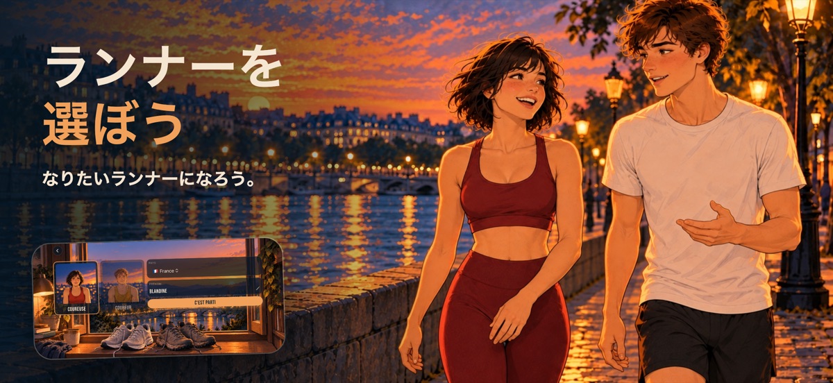 「ランナーを選ぼう」：ゲームのふたりのランナーが夕暮れの川沿いを歩く。手前には、ふたりの肖像、国、名前を選ぶキャラクター画面。