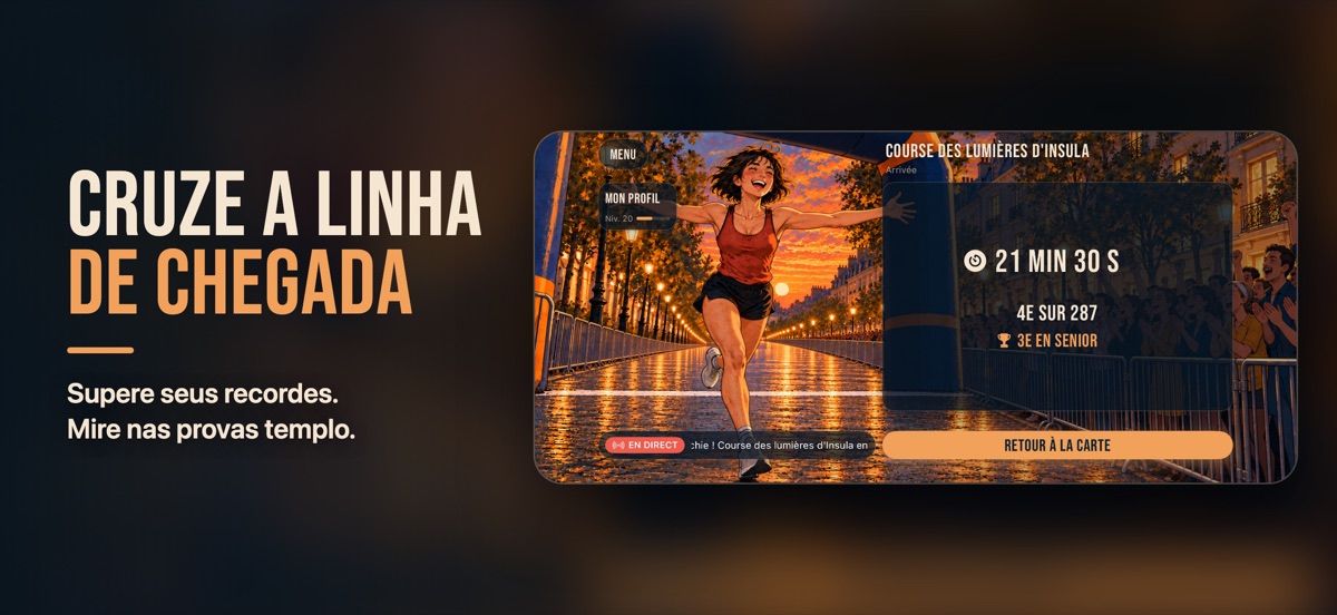 « Cruze a linha de chegada »: a corredora passa sob o pórtico de chegada de braços abertos; 21 min 30 s, 4ª de 287, 3ª na categoria.