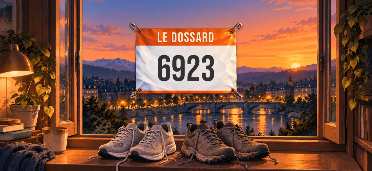 L'écran titre du jeu : un dossard « Le dossard » numéro 6923 épinglé devant une fenêtre ouverte sur une ville au bord de l'eau, au coucher du soleil, montagnes au loin. Sur le rebord, une paire de chaussures de route et une paire de chaussures de trail boueuses.