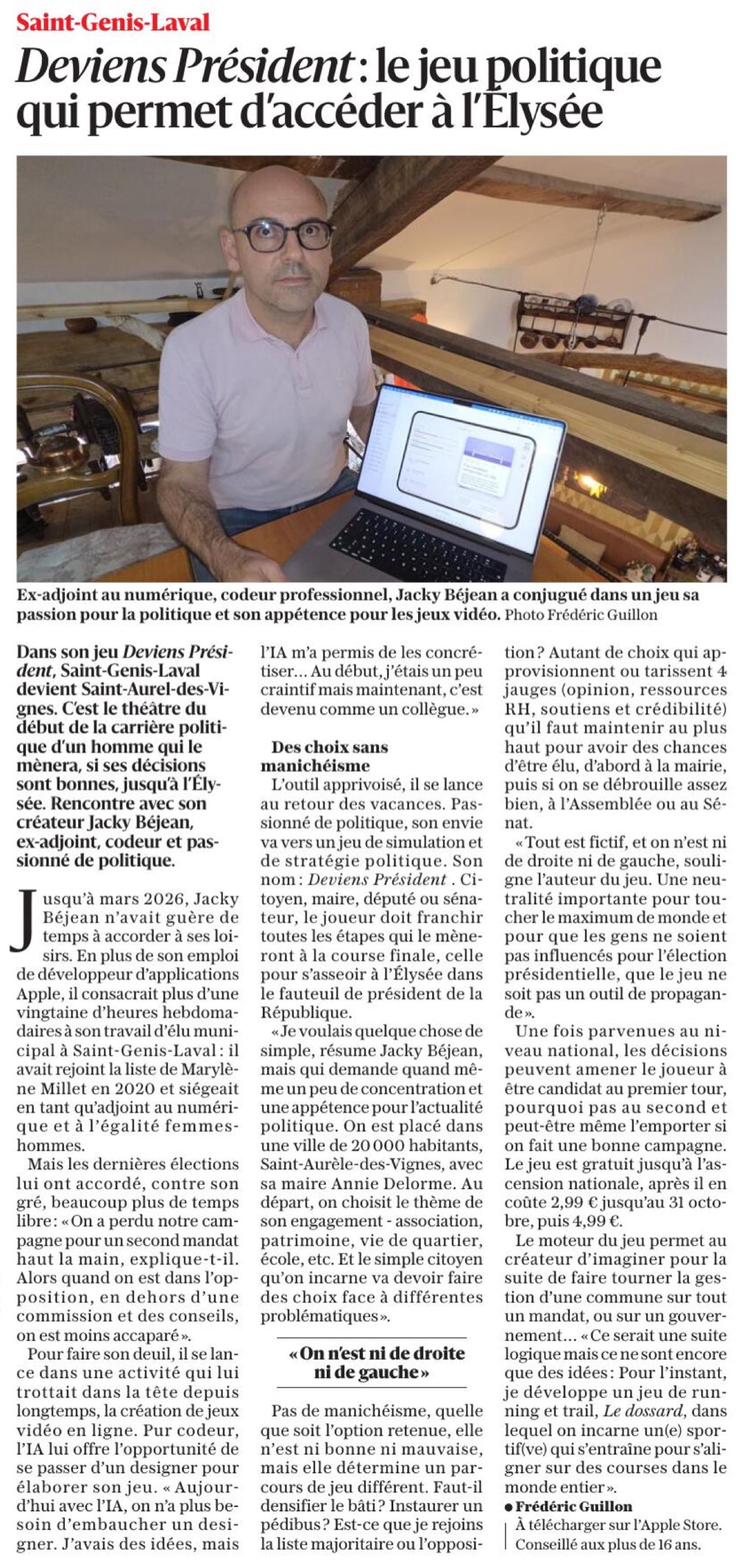L'article du Progrès : « Deviens Président : le jeu politique qui permet d'accéder à l'Élysée », illustré d'une photo de Jacky BÉJEAN chez lui, le jeu ouvert sur son ordinateur portable.